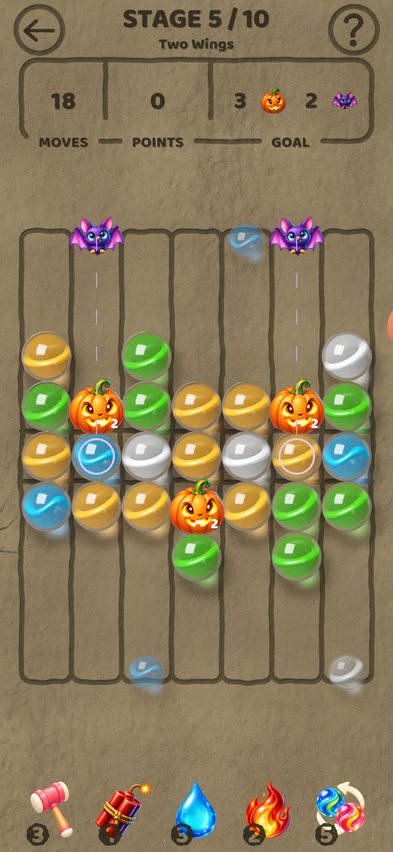 An Eternal Night board with bats above two columns and enchanted pumpkins among the marbles.