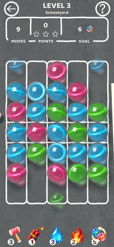 Gameplay on a Schoolyard level: glass marbles in five chalk-drawn columns.