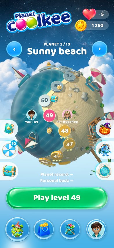 The Sunny beach planet with its path of numbered levels; level 49 is next.