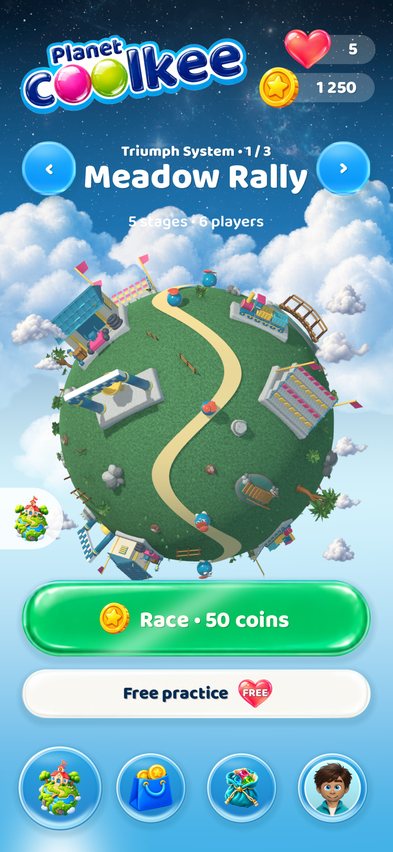 Meadow Rally, the first race planet of the Triumph System: five stages, six players.