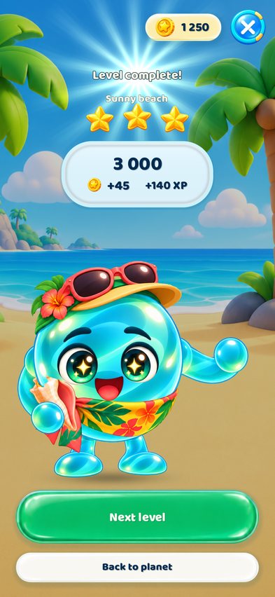 Level geschafft: Der Held vom Sonnenstrand feiert drei Sterne, 3000 Punkte, +45 Münzen und +140 EP.