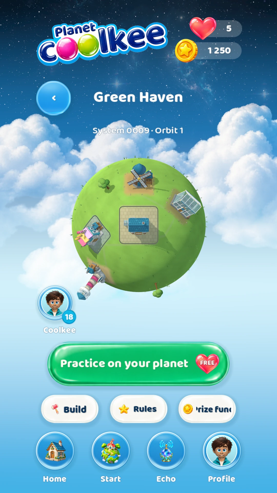 An example player planet in update 1.0.12 (57): a house, buildings and natural greenery. Demonstration state.